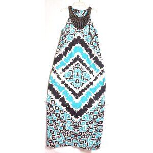 INC International Concepts Tribal Sunrise Maxi Dress Size Large Blue Black White